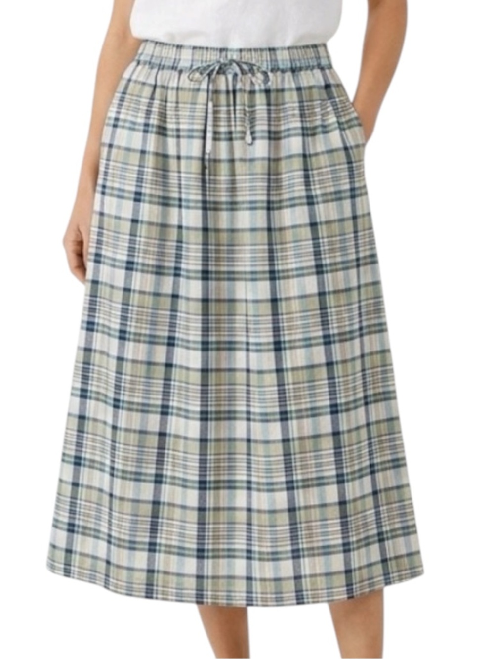 Orvis Navy Sage Tan Plaid Midi Skirt Size Large